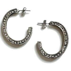 Rhinestone Victorian Style Hoop Post Earrings Silver Tone